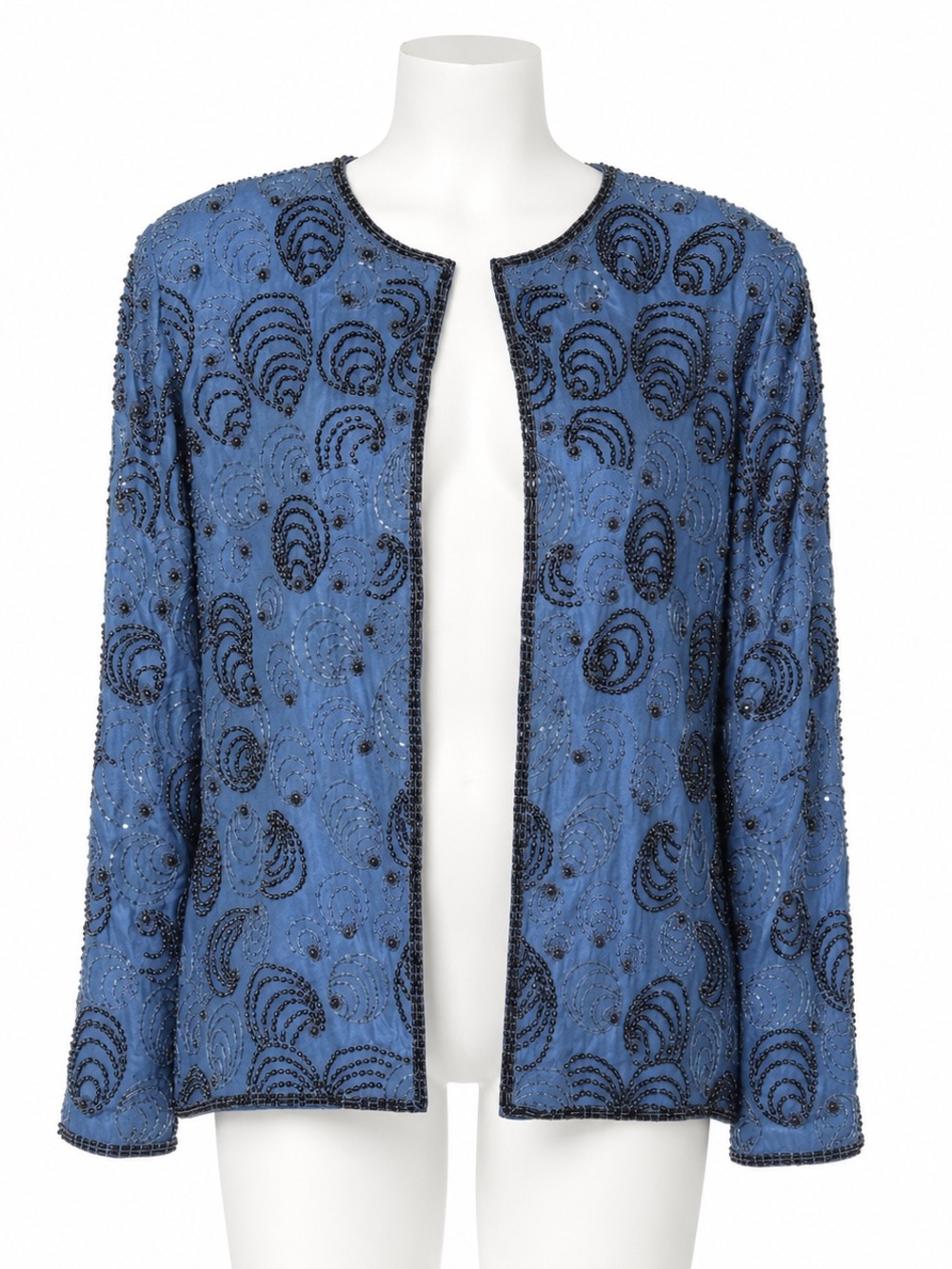 Vintage A.J. Bari Silk Beaded Evening Jacket Blue Black Size L NWT